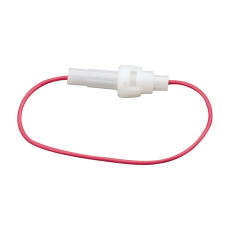 Mercury inline fuse holder with white plastic bayonet housing for 5x20mm glass fuses and 18cm red insulated wire leads, on a white background.