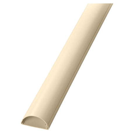 A magnolia-colored plastic cable cover from D-Line, with a smooth, semi-circular shape, designed for wire organization and concealment. It features a self-adhesive backing and is positioned diagonally across the white background. This product is known as "Semi-Circle Trunking Length 50x25mm 1m.