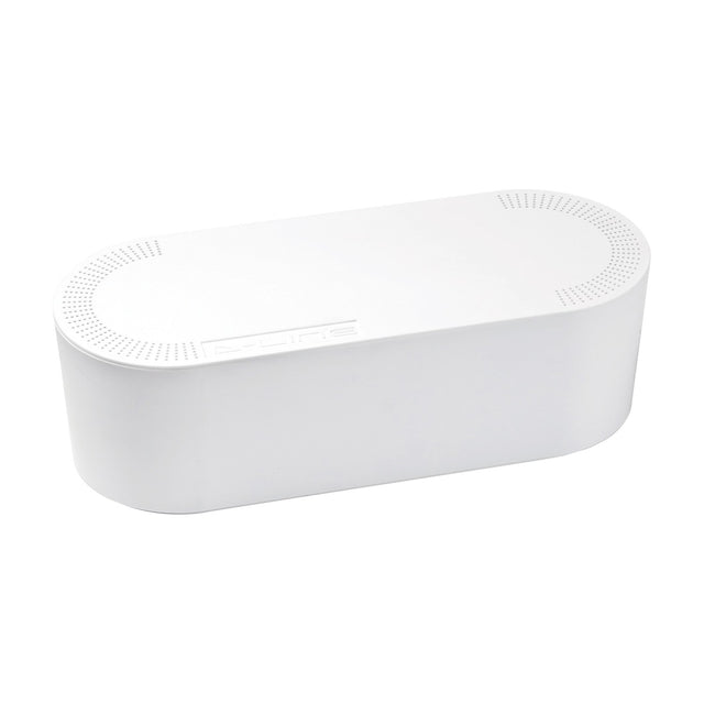 D-Line large cable tidy unit in white ABS with rounded oval shape and perforated end panels, shown on a plain background.