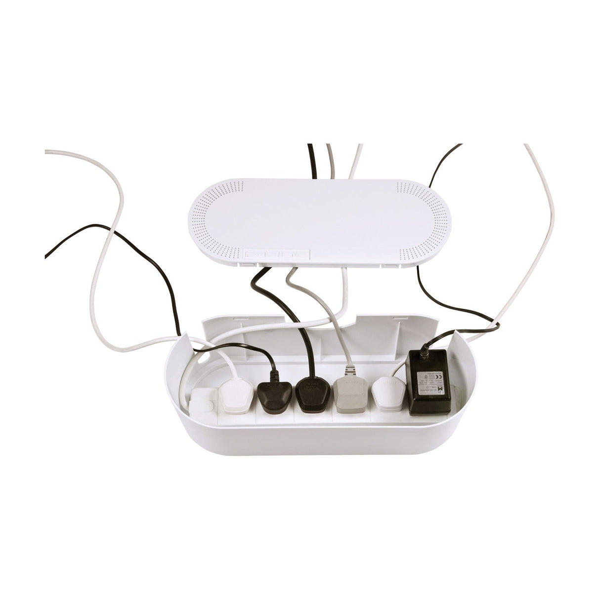 D-Line Large Cable Tidy Unit in white ABS shown open with lid above, revealing UK plugs and adapters routed through end slots inside the housing.