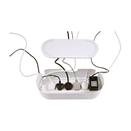 D-Line Large Cable Tidy Unit in white ABS shown open with lid above, revealing UK plugs and adapters routed through end slots inside the housing.