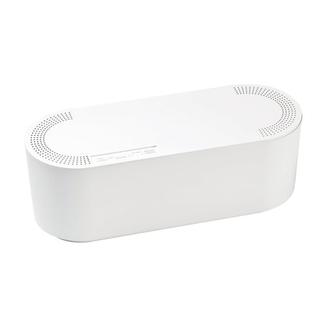 D-Line small cable tidy unit in white plastic, oval enclosure with perforated slots on the lid for cable entry, shown on a plain white background.