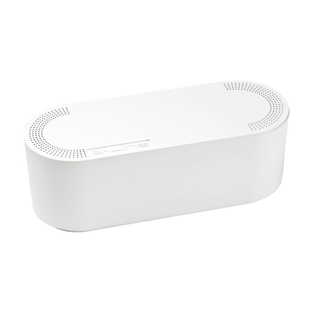D-Line small cable tidy unit in white plastic, oval enclosure with perforated slots on the lid for cable entry, shown on a plain white background.