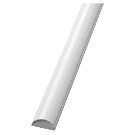 The D-Line Semi-Circle Trunking Length 30x15mm 2m in white showcases a contemporary design with a curved cover angled to the side against a white background. It is equipped with a snap seal closure and self-adhesive backing for easy installation.