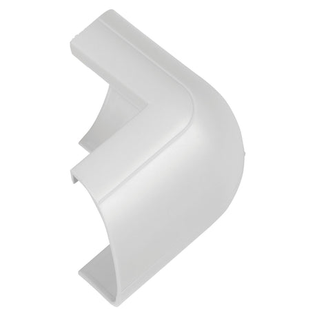 The D-Line Clip-Over External Bend 30×15mm in white is an L-shaped plastic corner piece designed for cable management and electrical cable trunking. It has a smooth surface and neatly fits over corners to cover wires or tubing, serving as an essential accessory in any setup.