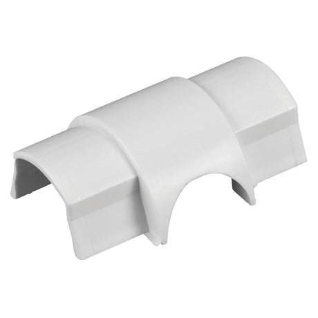 The image shows a white, quarter-cylinder plastic conduit connector designed for joining two sections of electrical conduit at a right angle. With its smooth surface, it's perfect for integrating with D-Line Smooth Fit Cable Outlet 30×15mm (5 Pack) - White and enhancing your smooth fit accessories setup.