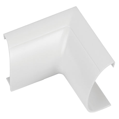 The D-Line Clip-Over Internal Bend 50×25mm (5 Pack) in white is ideal for connecting two sections of ductwork at a 90-degree angle, seamlessly integrating with electrical cable trunking on a matching white background.