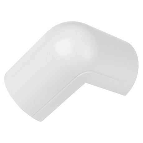 Introducing the D-Line Clip-Over External Bend in white, featuring a sleek L-shaped design made from durable plastic. This 50×25mm conduit cover is perfect for organizing electrical cable trunking, with its smooth, glossy surface and angled shape making it ideal for corner installations. Seamlessly integrating into your setup, it serves as one of your essential trunking accessories. Available in a convenient 5 pack.