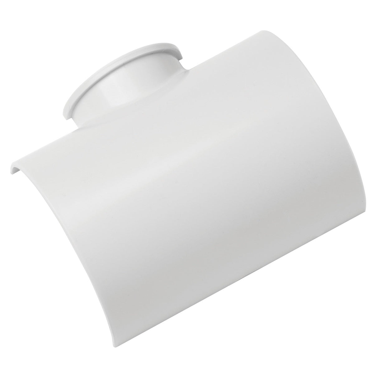 A D-Line Clip-Over Adaptor Tee 50×25mm in white, shaped with a curved cylindrical form and featuring a round knob on top, similar to a small barrel. This product is ideal for imaginative play and creative constructions, reminiscent of miniature electrical cable trunking.