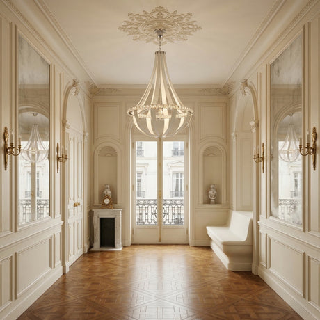 A bright, elegant hallway with ornate cream walls, large mirrors, carved moldings, parquet wood flooring, a decorative fireplace, a built-in white bench near tall windows, and a Tessaro LED K9 Crystal & Leather Small Chandelier in white.