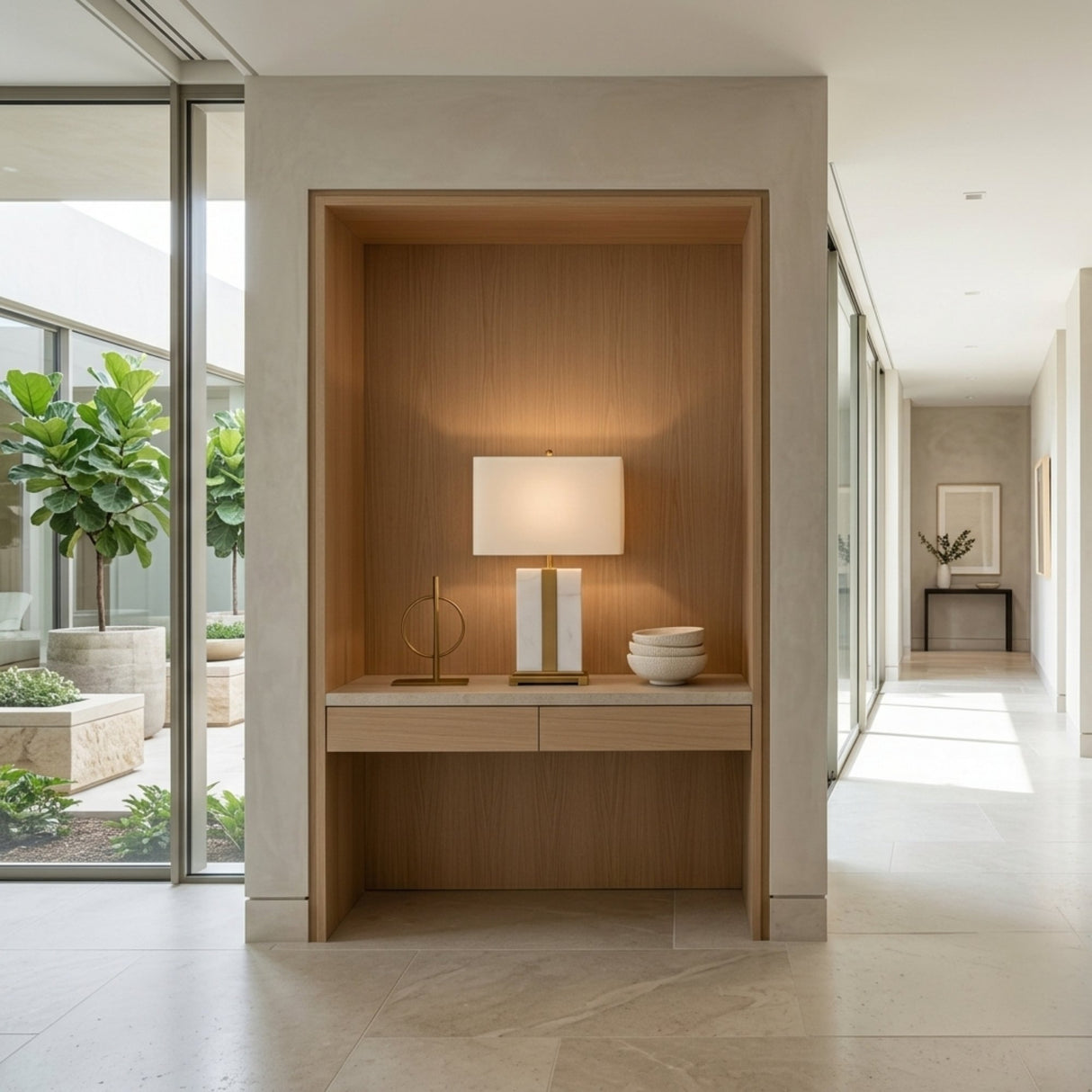 A bright, minimalist hallway features a built-in wooden niche displaying the Elvaris 1 Light Framed Marble Table Lamp in brass & white, alongside decorative objects and bowls. Large windows reveal lush greenery outside and fill the space with natural light.