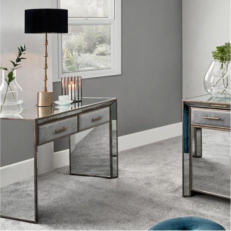 Brindisi Grey Velvet, Antique Metal & Mirrored Foxed Console Table