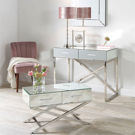 Rocco Mirrored Glass & Silver Iron Coffee Table - 47.5cm