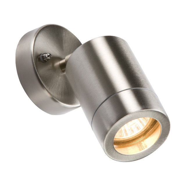 The Outdoor Adjustable Wall Light Lightweight - Stainless Steel is a modern, brushed stainless steel wall-mounted spotlight with a cylindrical shape that casts a warm light. It is attached to a circular base and seems adjustable for directing the light. Compatible with GU10 bulbs, this fixture provides both style and functionality for any space.