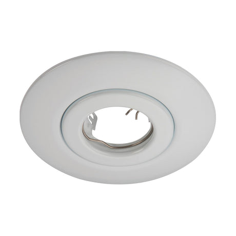 Overhead view of the White Hole Converter Kit, a recessed ceiling light fixture featuring a circular frame and a central opening for a GU10 Mains Lampholder. Its pressed steel design ensures easy installation in ceilings, providing a modern and sleek lighting solution.