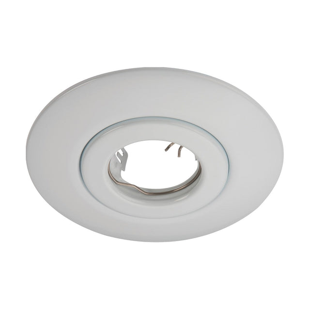 Overhead view of the White Hole Converter Kit, a recessed ceiling light fixture featuring a circular frame and a central opening for a GU10 Mains Lampholder. Its pressed steel design ensures easy installation in ceilings, providing a modern and sleek lighting solution.