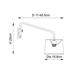 Endon Bevbourne plug-in wall light dimension diagram showing 29cm height, adjustable 17–40.5cm projection swing arm, and 16.8cm diameter tapered shade.