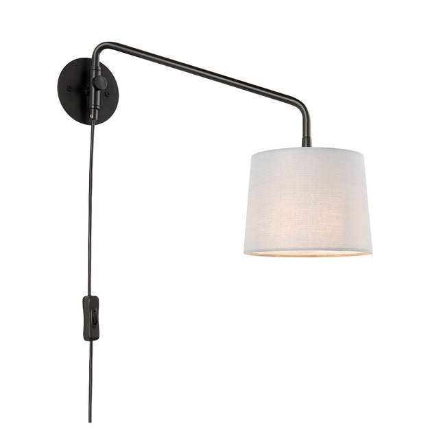 Endon Bevbourne plug-in wall light with matt black swing arm, light grey fabric shade, and in-line switch on black flex, on a white background.