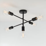 Endon Marlowe 5 Light semi-flush ceiling light in black with metal sputnik-style arms and clear E27 globe bulbs, mounted on a white ceiling.