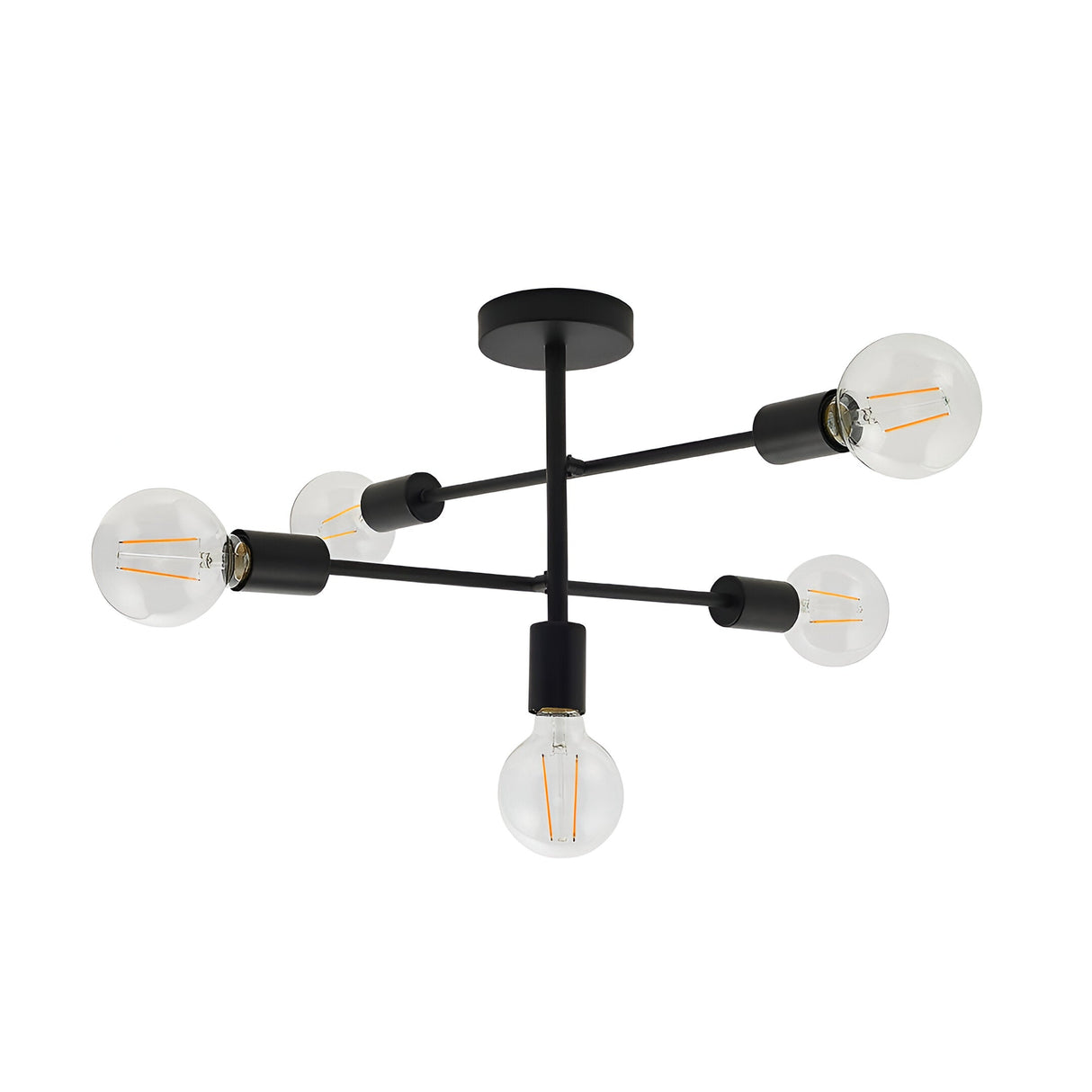 Endon Marlowe 5 light semi-flush ceiling light in black, with metal arms extending from a central rod and exposed E27 globe bulbs, on a white background.
