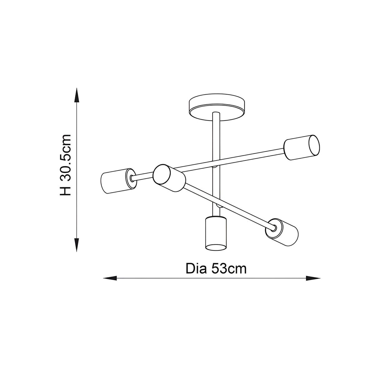 Dimensions diagram of the Endon Marlowe 5 Light Semi-Flush Ceiling Light in black, showing 53cm diameter and 30.5cm height on a white background.