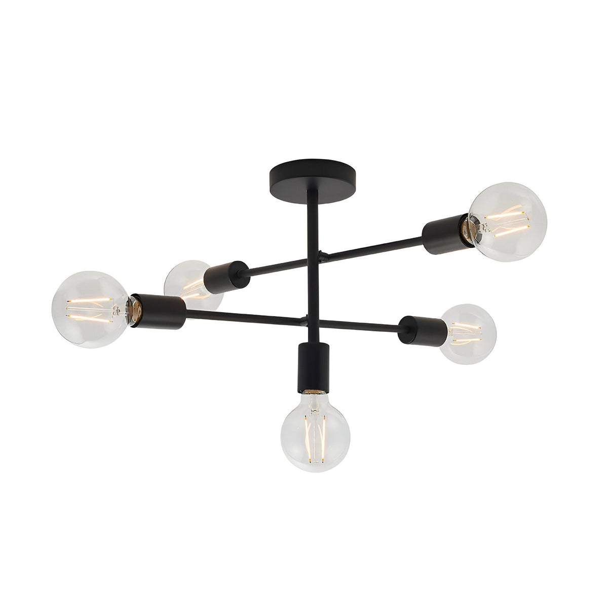 Endon Marlowe 5 light semi-flush ceiling light in black, with metal arms radiating from a central rod and clear E27 globe bulbs, on a white background.