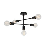 Endon Marlowe 5 light semi-flush ceiling light in black, with metal arms radiating from a central rod and clear E27 globe bulbs, on a white background.