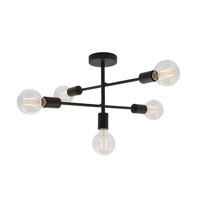 Endon Marlowe 5 light semi-flush ceiling light in black, with metal arms radiating from a central rod and clear E27 globe bulbs, on a white background.