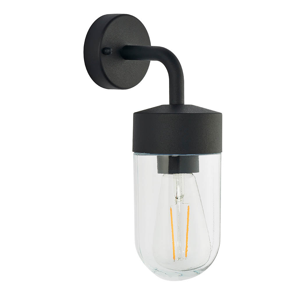 Endon Castfield IP44 outdoor wall light in matte black with clear glass cylinder shade, E27 filament bulb and round wall plate, on a white background.