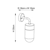 Dimensioned line drawing of the Endon Castfield outdoor wall light showing 30cm height, 10cm width and 16cm projection on a white background.