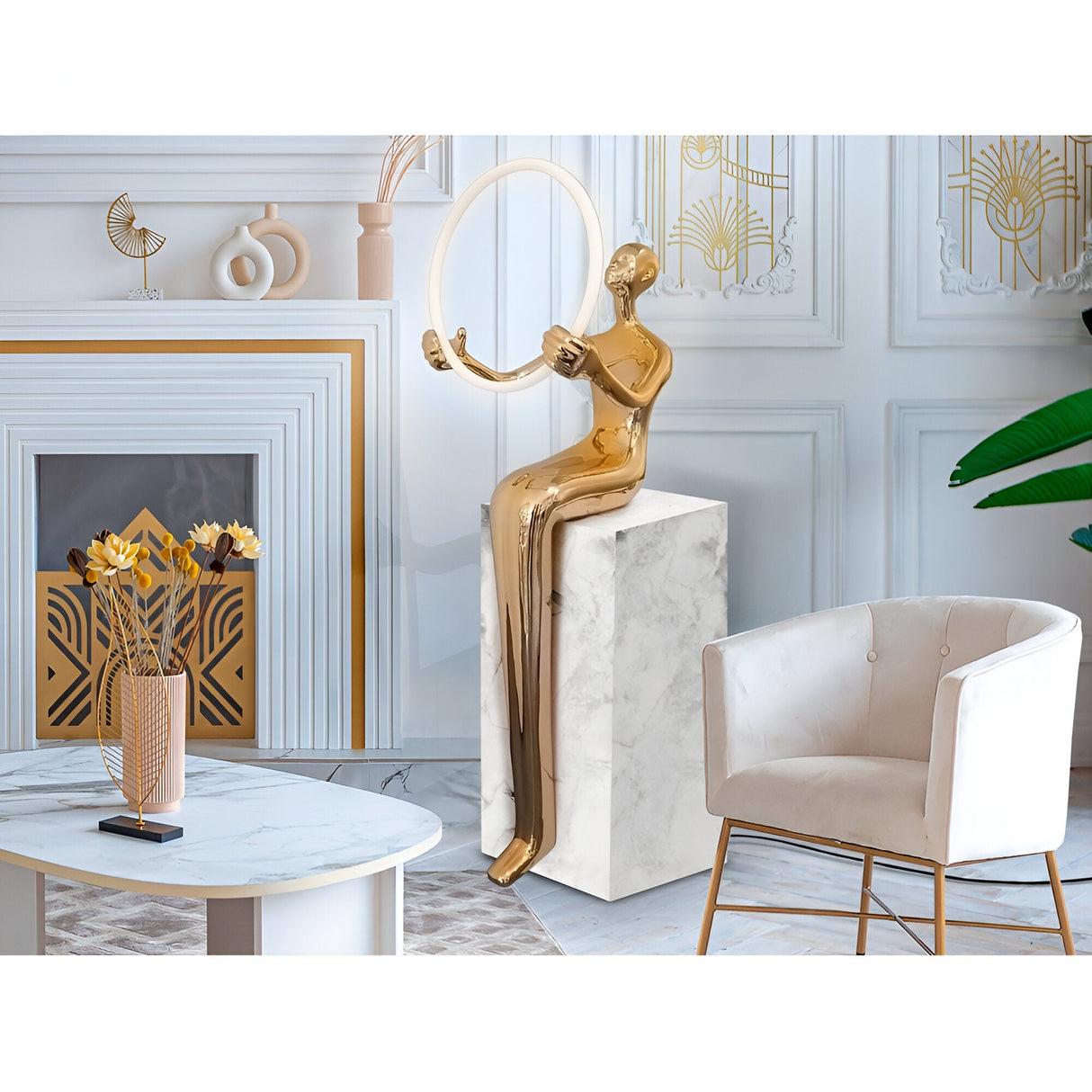 El Aro Gold Marble Pedestal Sculpture With LED Ring Light  - 160cm