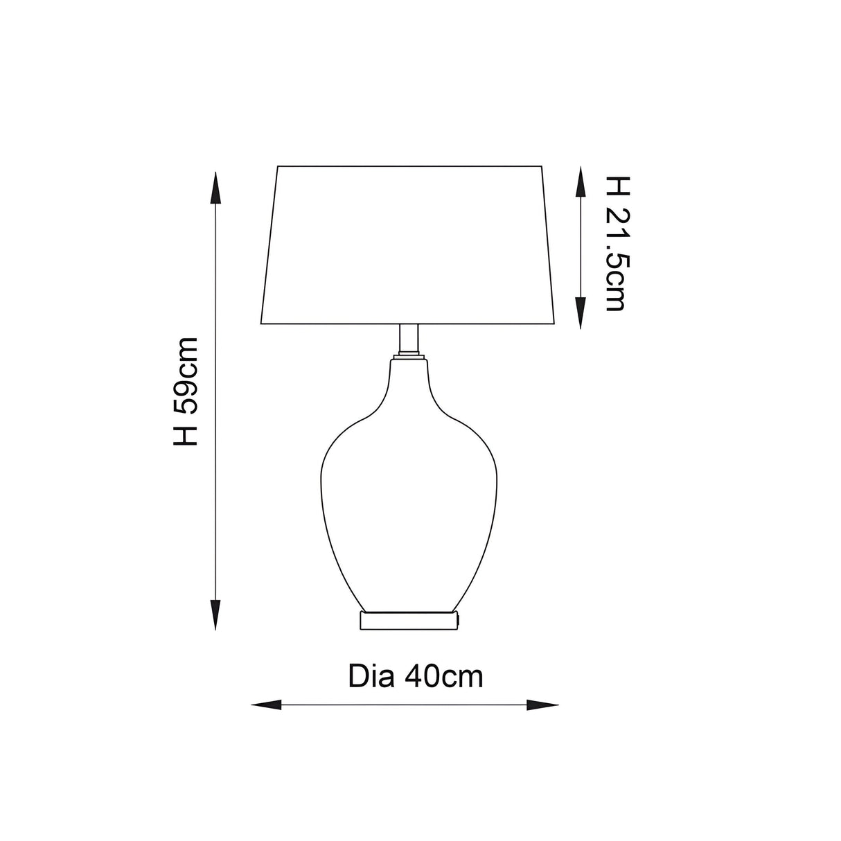 Dimension diagram of the Endon Brenwick table lamp showing 59cm height, 40cm shade diameter and 21.5cm shade height on a white background.