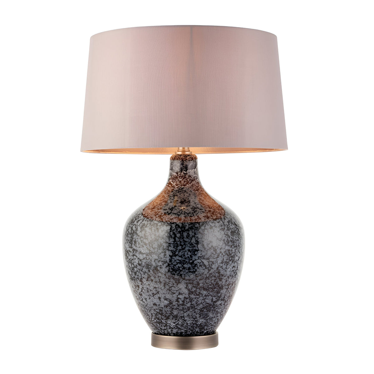 Endon Brenwick table lamp with black speckled glass body, matt nickel base and tapered mink faux silk shade, shown on a plain white background.