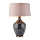 Endon Brenwick table lamp with black speckled glass body, matt nickel base and tapered mink faux silk shade, shown on a plain white background.