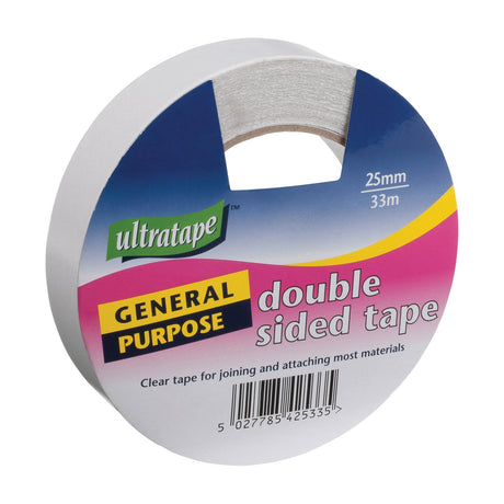 Ultra Tape DST2533 general purpose double sided clear tape roll, 25mm x 33m, with printed blue, pink and yellow label on a white background.