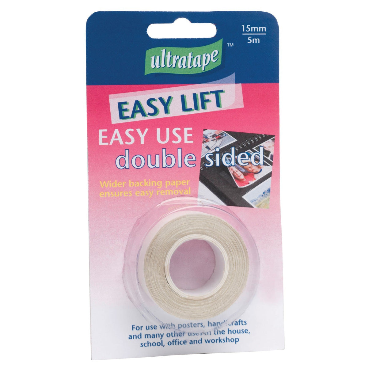 Ultratape Double Sided Tape - 15mm x 5M comes in pink and blue packaging. This clear adhesive tape is perfect for crafts and features wide backing paper for easy removal.