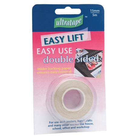 Ultratape Double Sided Tape - 15mm x 5M comes in pink and blue packaging. This clear adhesive tape is perfect for crafts and features wide backing paper for easy removal.