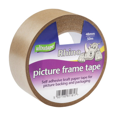 Ultra Tape Rhino Picture Frame Tape 48mm x 50m roll of self-adhesive brown kraft paper tape with purple Rhino branded label.