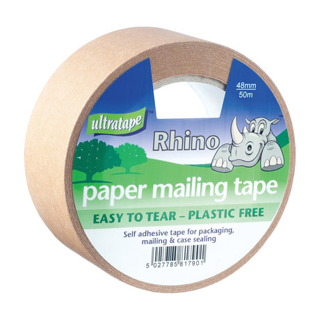 Ultra Tape Rhino brown Kraft paper mailing tape roll, 48mm by 50m, plastic free with labelled packaging shown on a white background.