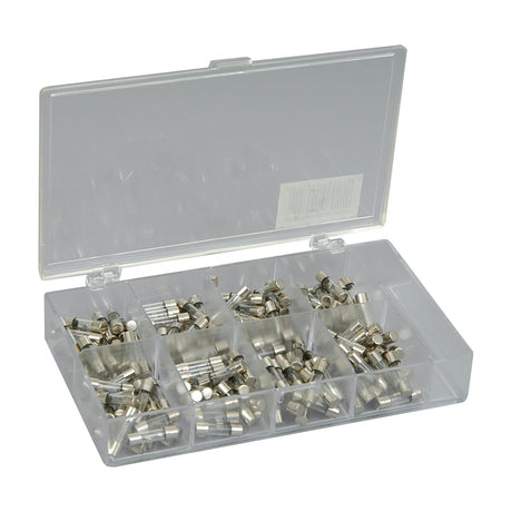 Mercury 5x20mm fast blow fuse assortment with 160 glass cartridge fuses arranged in a compartmentalised clear plastic case with hinged lid.