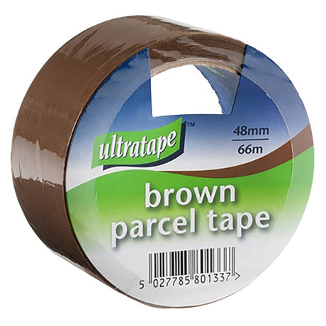 Ultratape Brown Parcel Tape - 48mm x 66M features strong adhesive for secure sealing and comes with green and blue labeling on the front of its packaging.