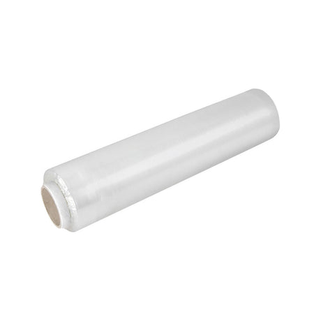 Clear cast hand pallet wrap film roll, 400mm wide by 300m long, shown on a plain white background.
