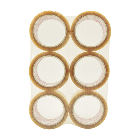 Pack of six clear carton sealing tape rolls by AVSL, 48mm x 66m, shrink-wrapped in a 2x3 arrangement on a plain white background.