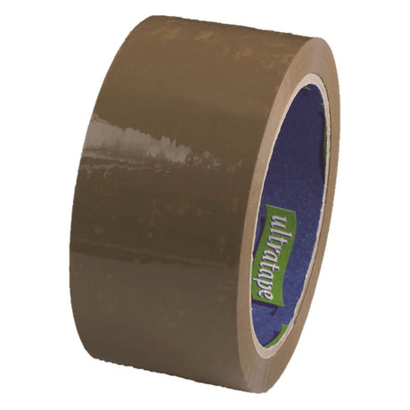 Ultratape Brown Carton Tape - 48mm x 66M offers a glossy finish, strong adhesive, and a green and white Ultratape label on the core—perfect for secure parcel sealing.