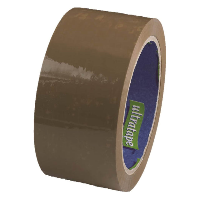 Ultratape Brown Carton Tape - 48mm x 66M offers a glossy finish, strong adhesive, and a green and white Ultratape label on the core—perfect for secure parcel sealing.