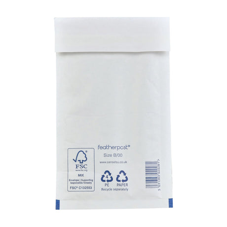 FeatherPost Envelope B 120 x 215mm padded mailer by AVSL in oyster white with FSC and recycling icons, barcode, and blue base tabs on plain background.