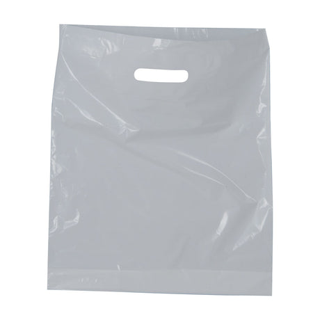 AVSL white plastic carrier bag with die-cut handle, 380 x 457mm and 30 micron thickness, shown flat against a plain white background.