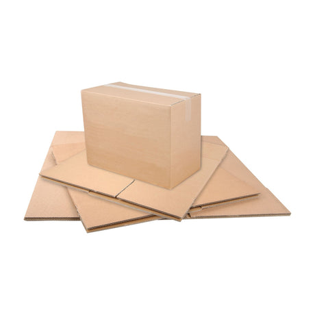 AVSL unbranded double wall corrugated shipping box in brown kraft finish, assembled and taped, displayed on flat cardboard sheets against a white background.