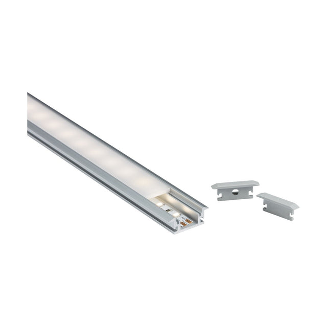 Close-up of the Aluminium LED Profile 1m - Floor Recessed with an LED strip securely fitted inside, featuring an opal diffuser. Two end caps are placed beside the channel on a white background, imparting a sleek and modern look.