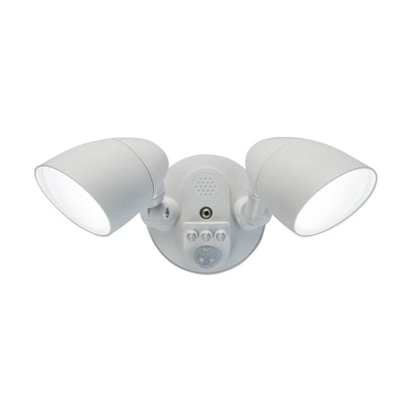 The Outdoor 20W Twin LED Security Floodlight With PIR in white is perfect for outdoor installation, featuring two adjustable lamp heads on a round base. It also includes a built-in PIR sensor and a central small speaker or microphone for added functionality.